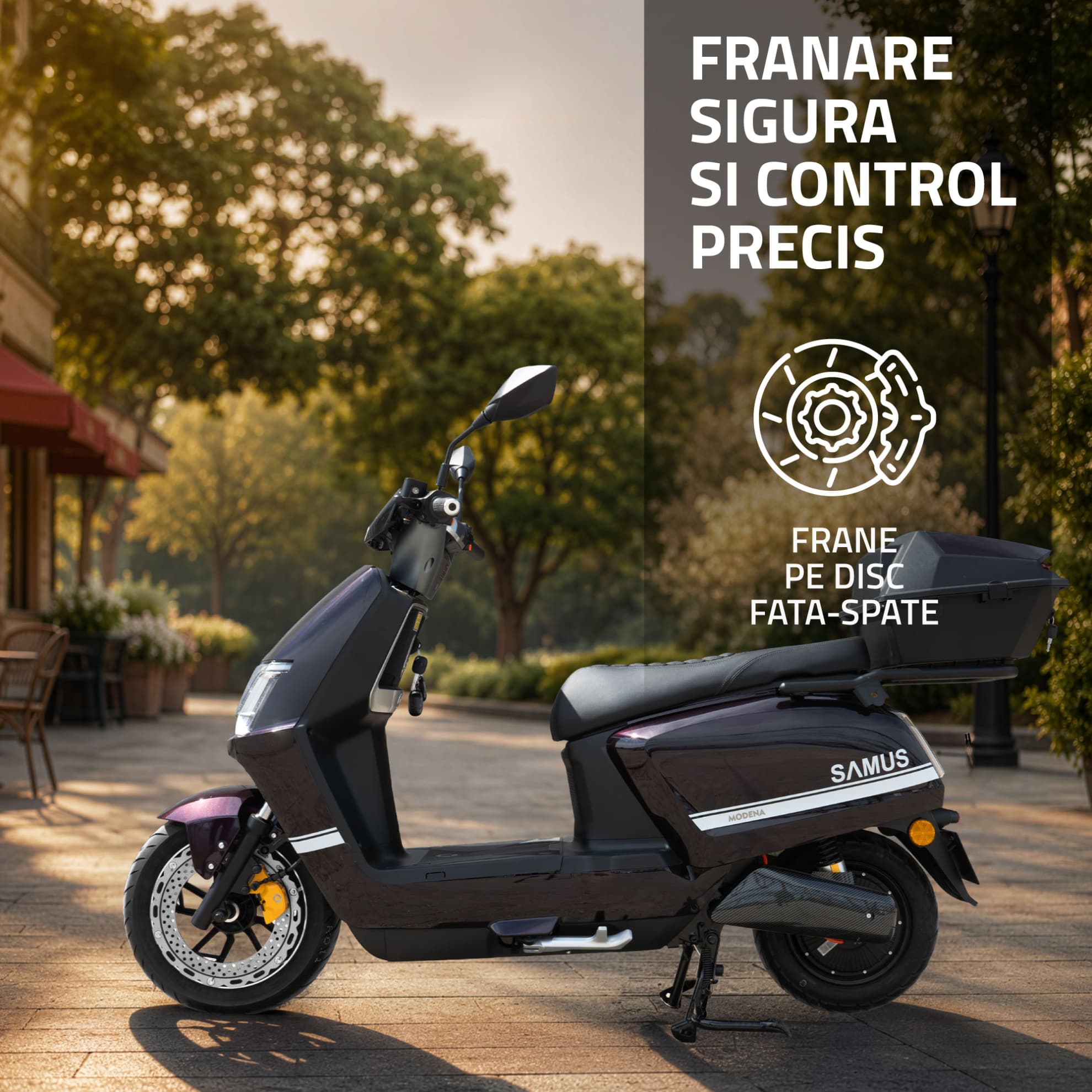 Detaliu sistem frânare pe disc scuter electric Samus Modena 25 Violet
