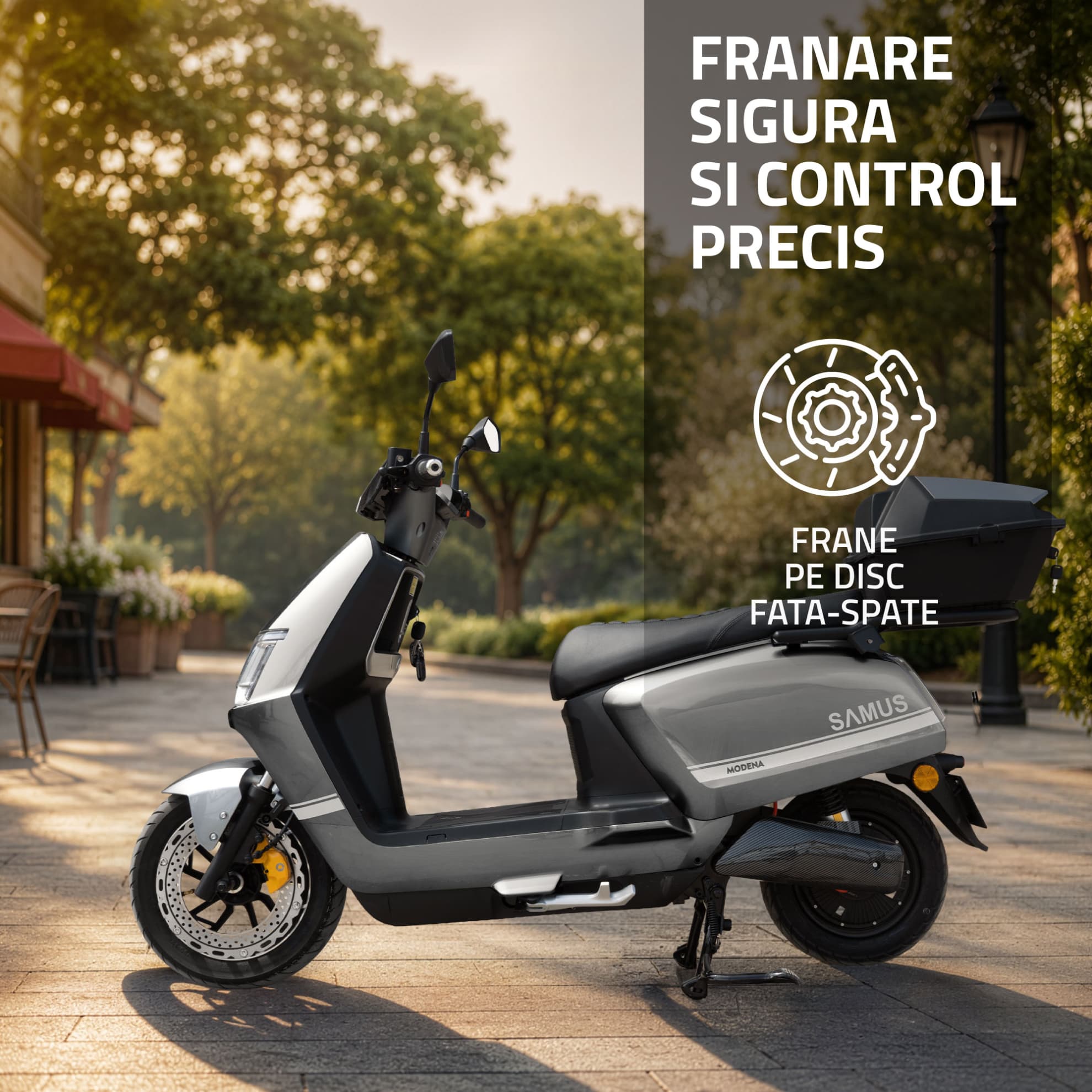 Detaliu sistem frânare pe disc scuter electric Samus Modena 45 Gri