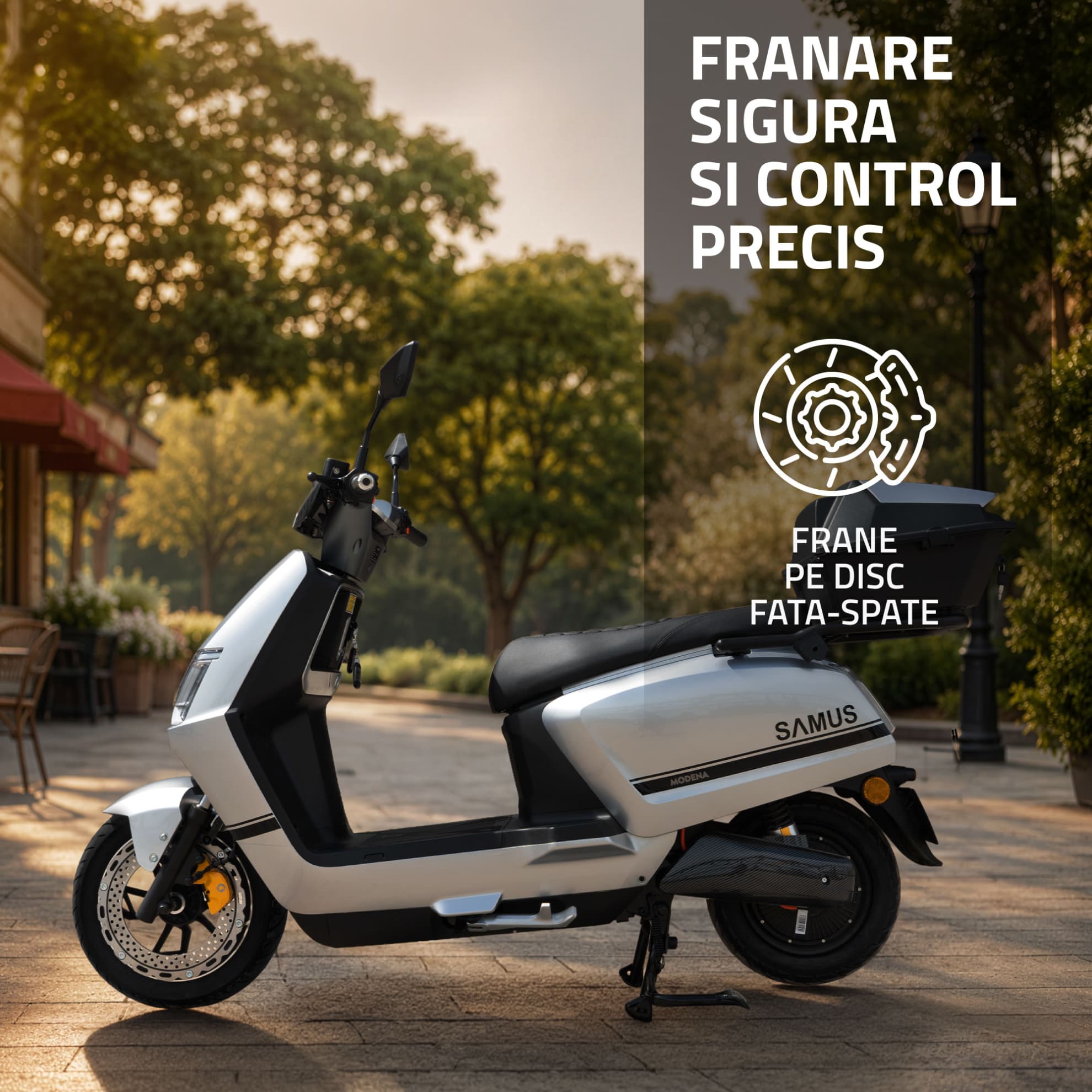 Detaliu sistem frânare pe disc scuter electric Samus Modena 45 Argintiu