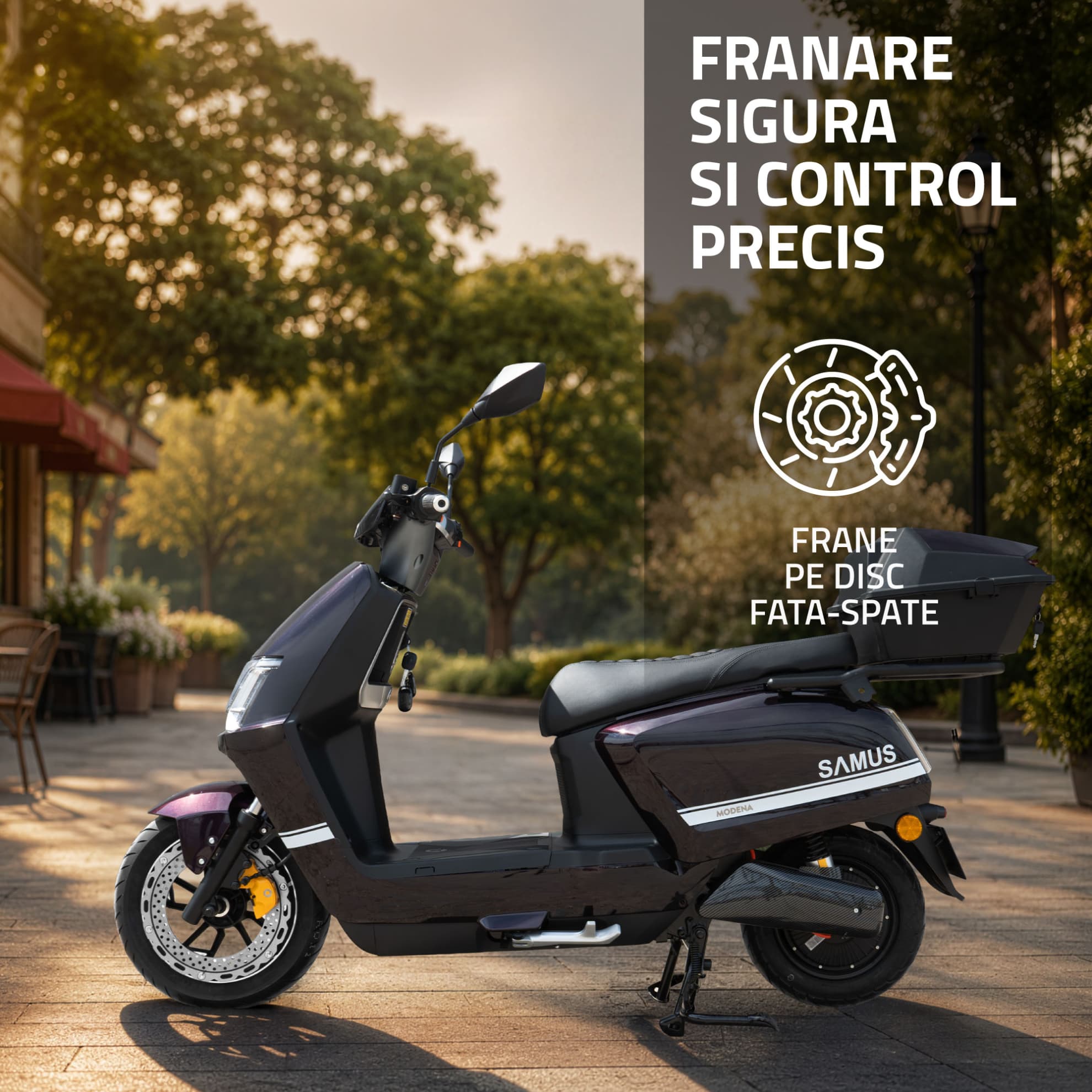 Detaliu sistem frânare pe disc scuter electric Samus Modena 45 Mov