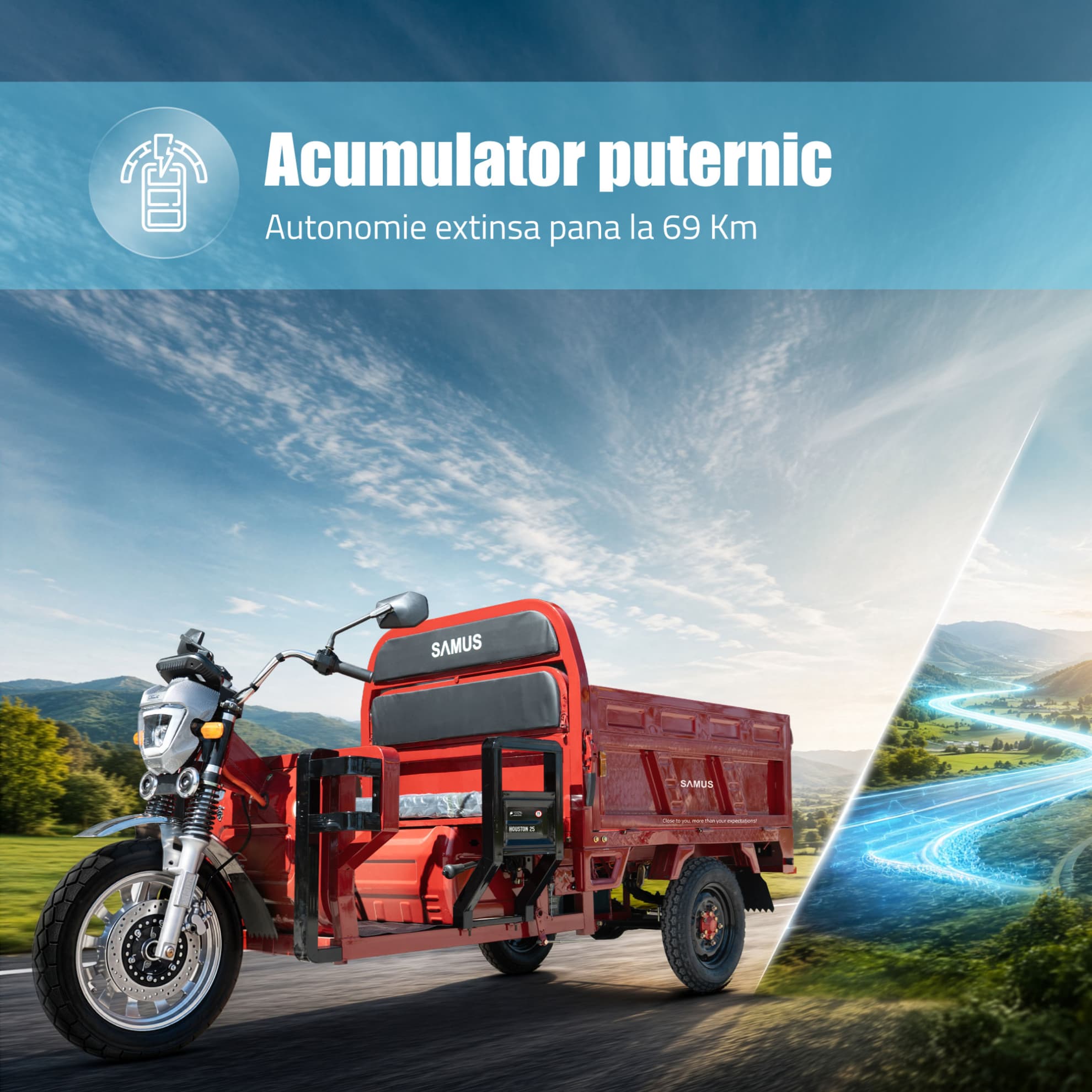 Triciclu electric cargo Samus Houston 25 Red autonomie baterie