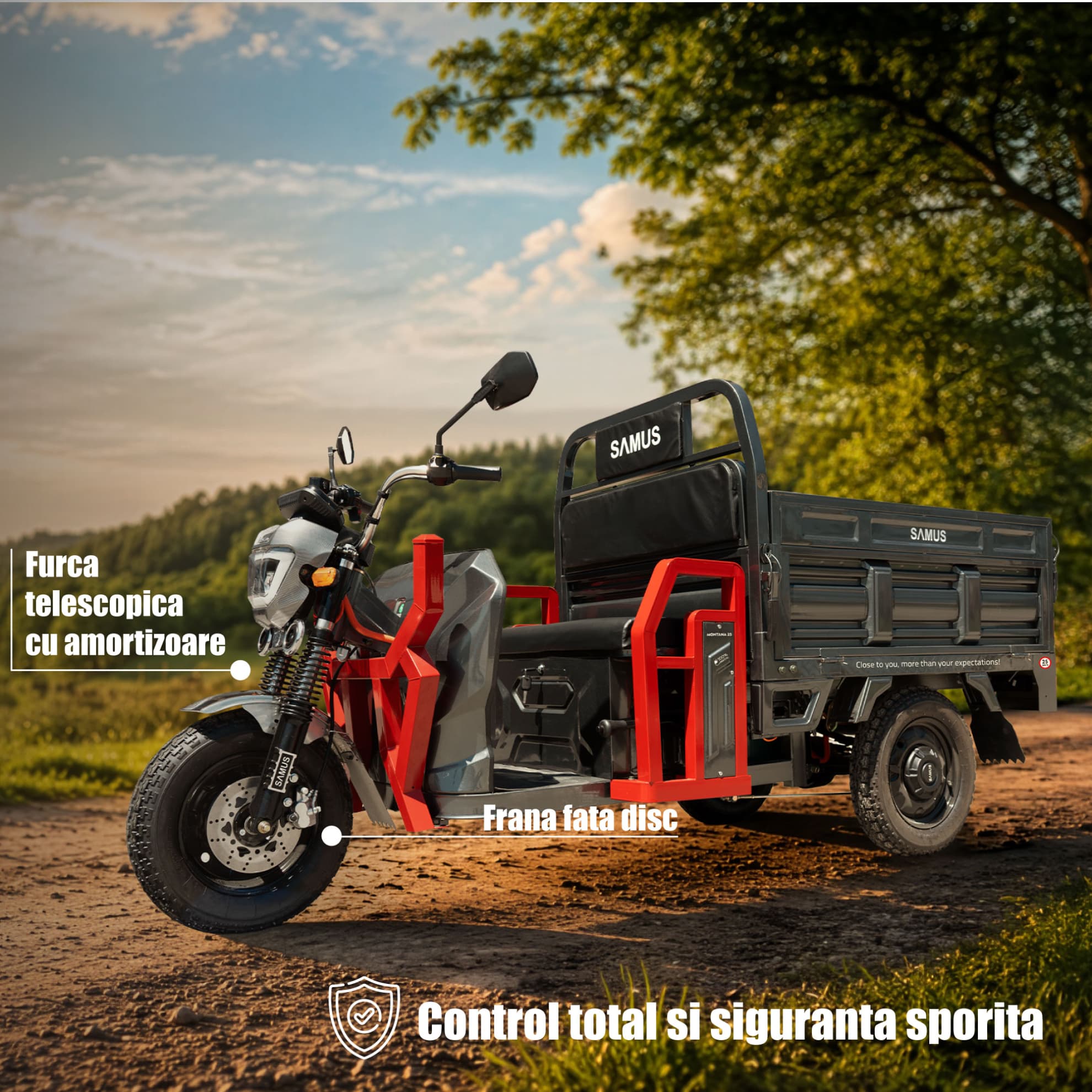 Detaliu sistem frâne și amortizoare triciclu electric cargo Samus Montana 25 Red Dark Silver