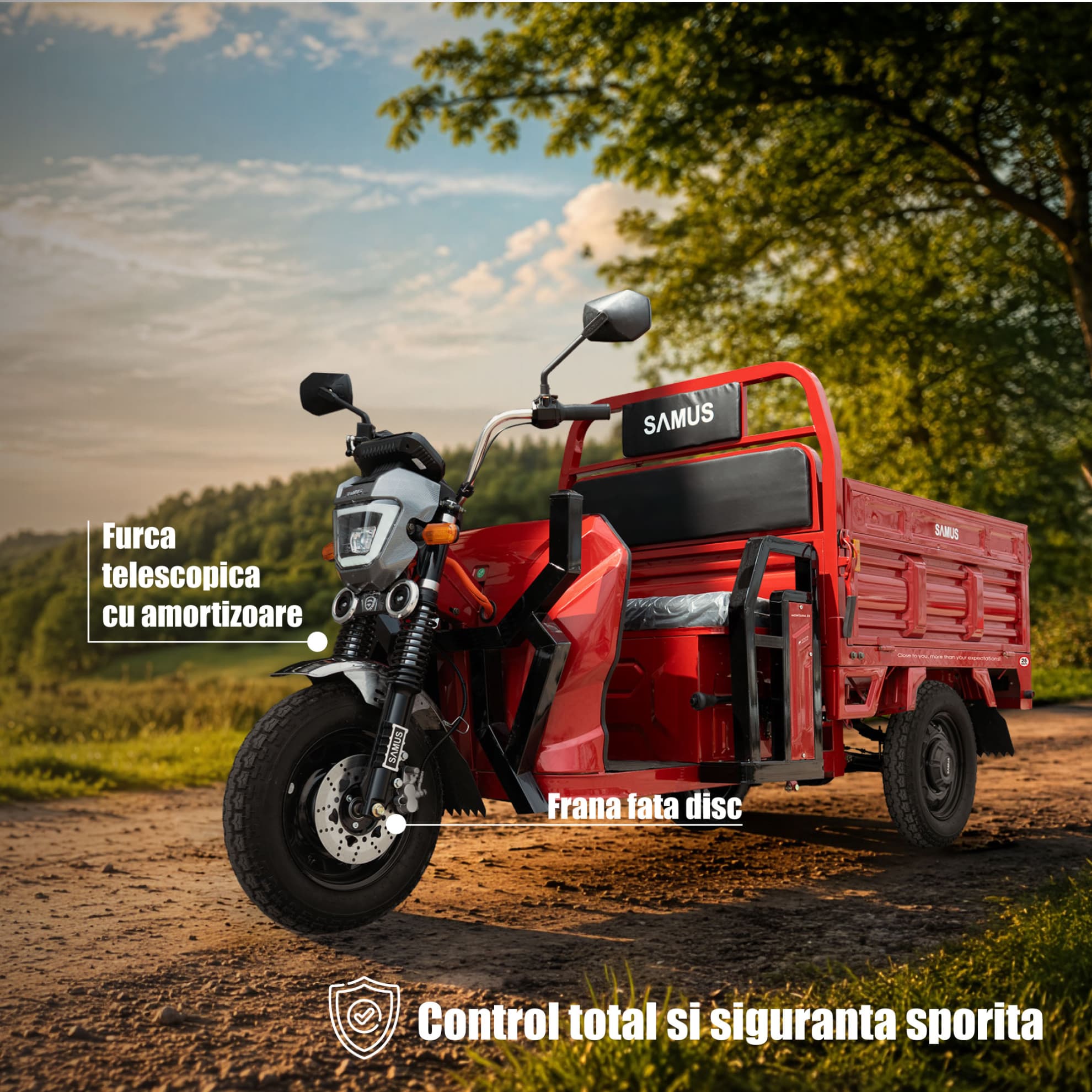 Sistem frânare și suspensii hidraulice triciclu electric cargo Samus Montana 25 Red