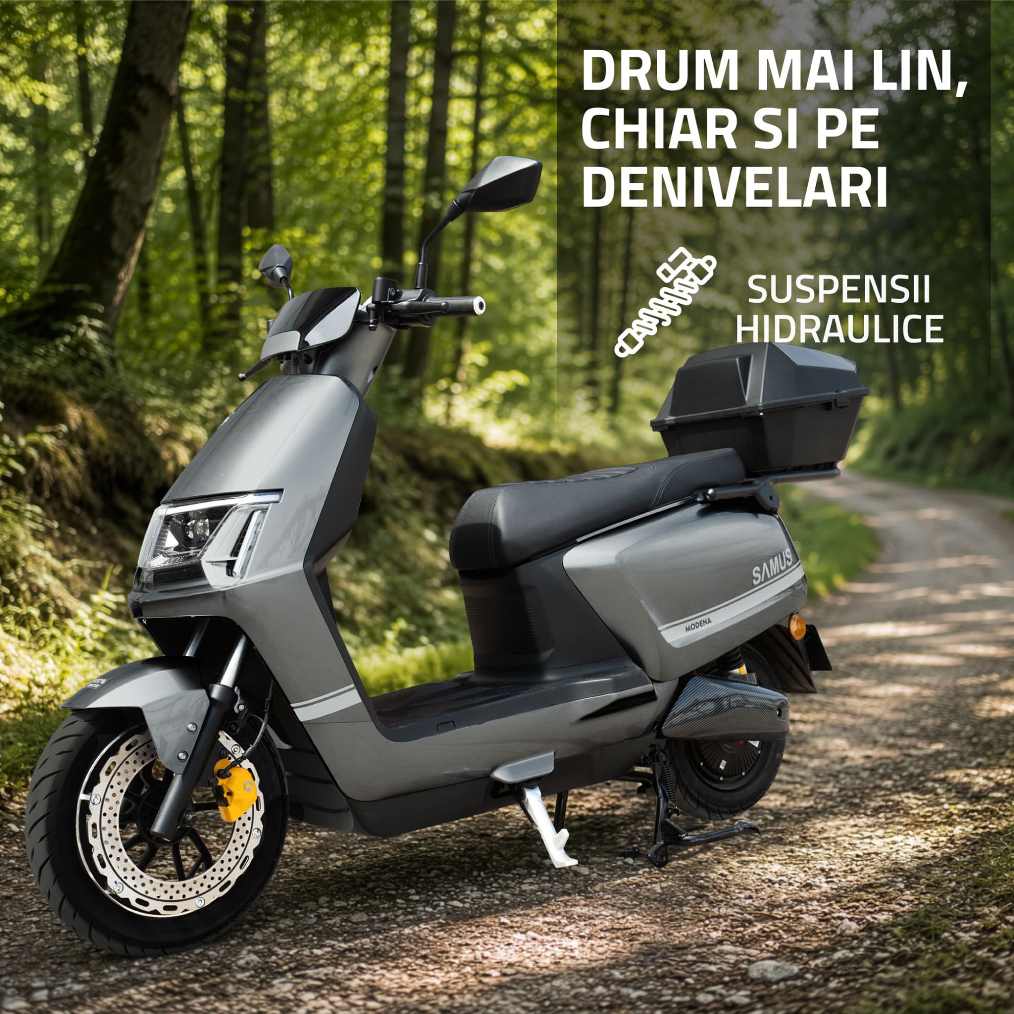 Detaliu suspensii hidraulice scuter electric Samus Modena 25 Gri