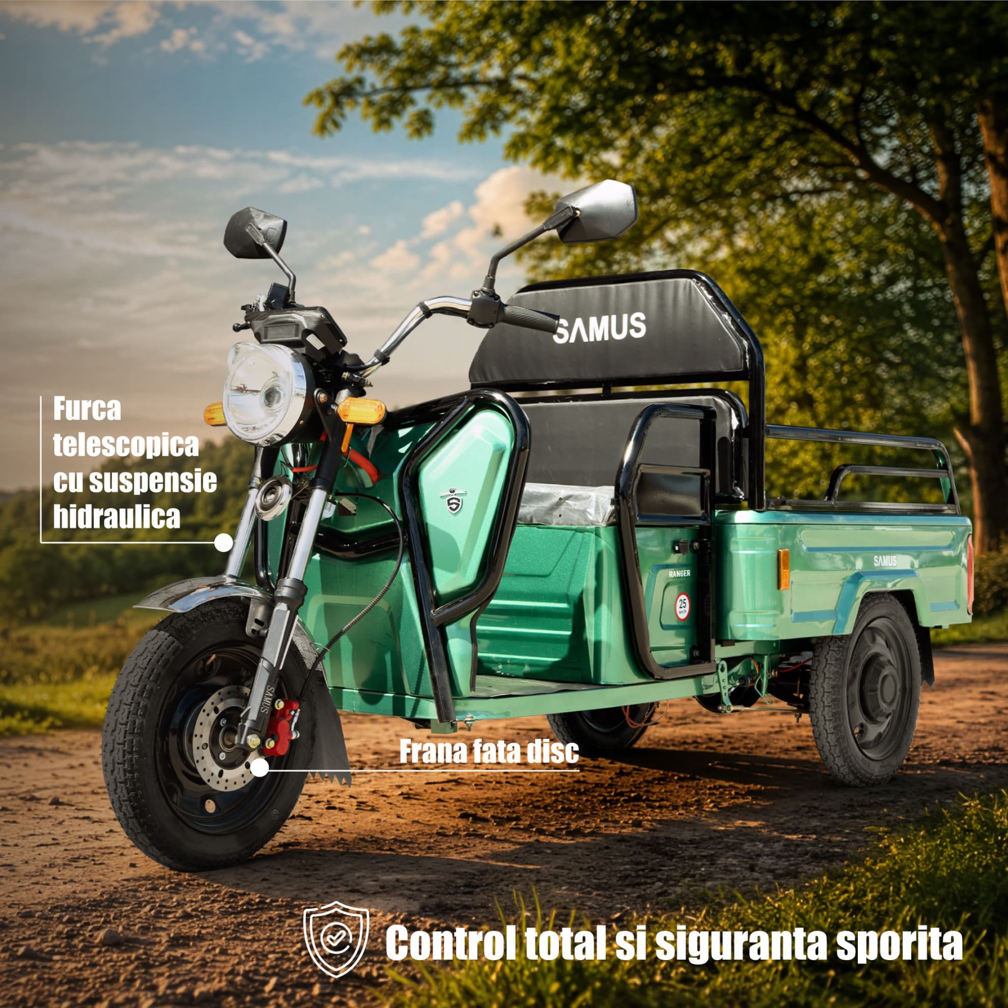 Sistem de frânare și suspensii triciclu electric cargo Samus Ranger 25 Verde