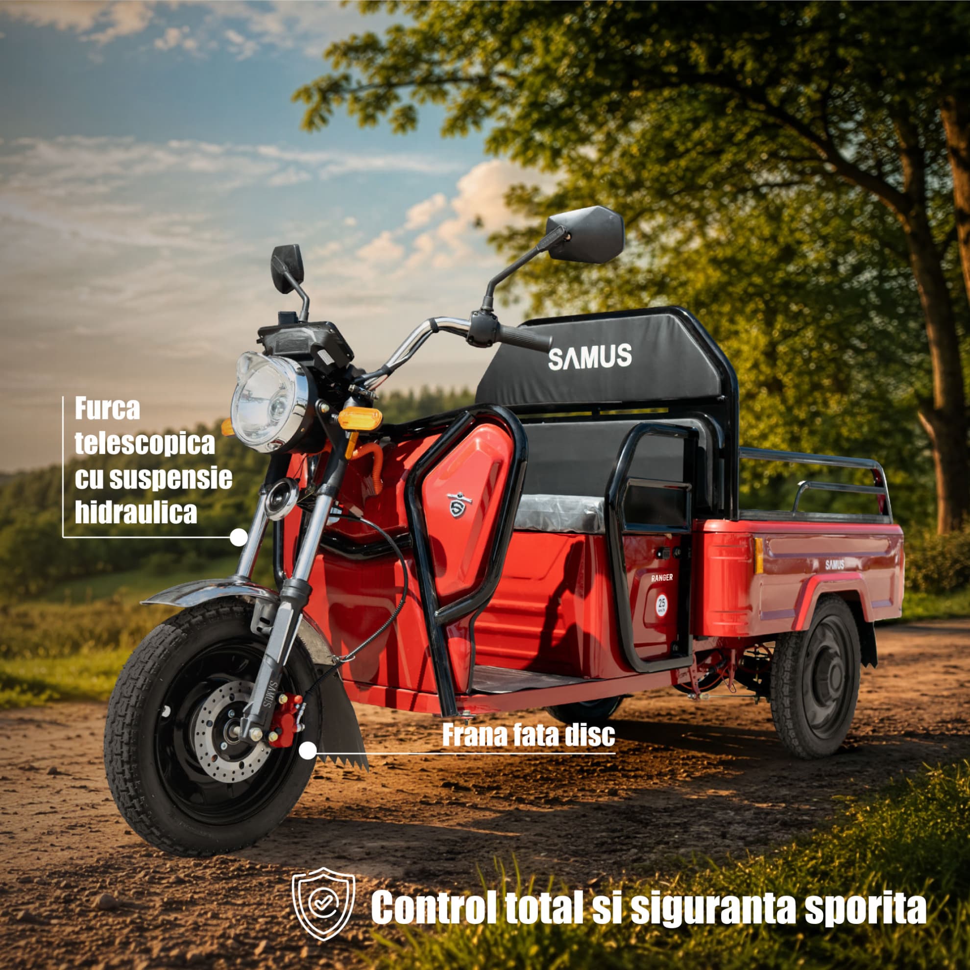 Sistem de frânare și suspensii triciclu electric cargo Samus Ranger 25 Red
