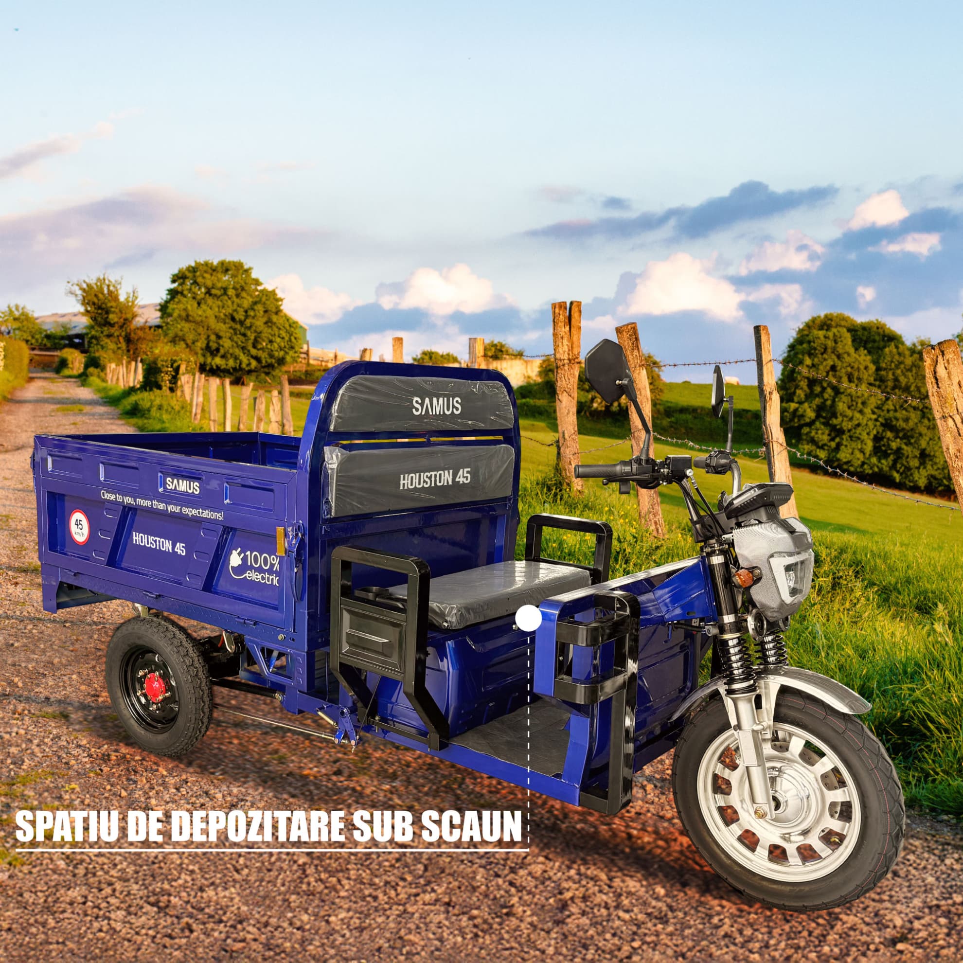 Spațiu depozitare sub scaun triciclu electric cargo Samus Houston 45 Blue