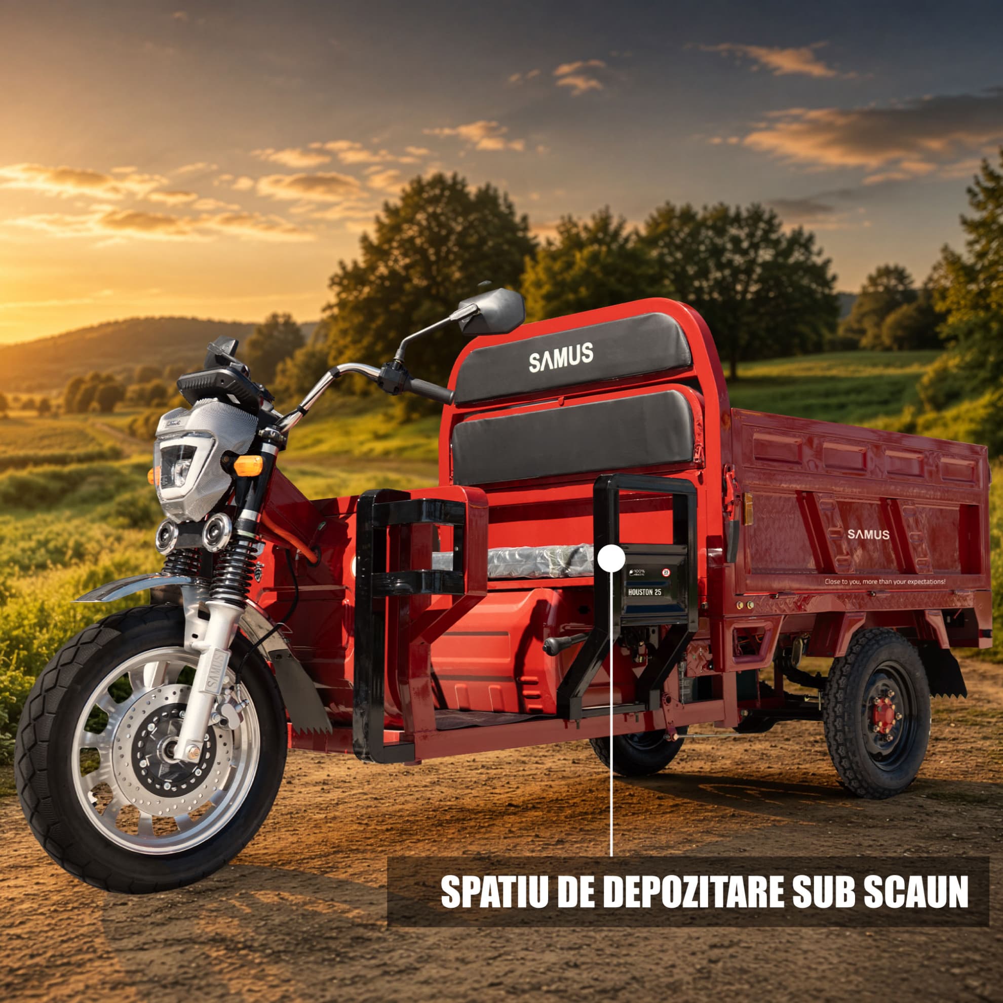 Spațiu depozitare sub scaun triciclu electric cargo Samus Houston 25 Red