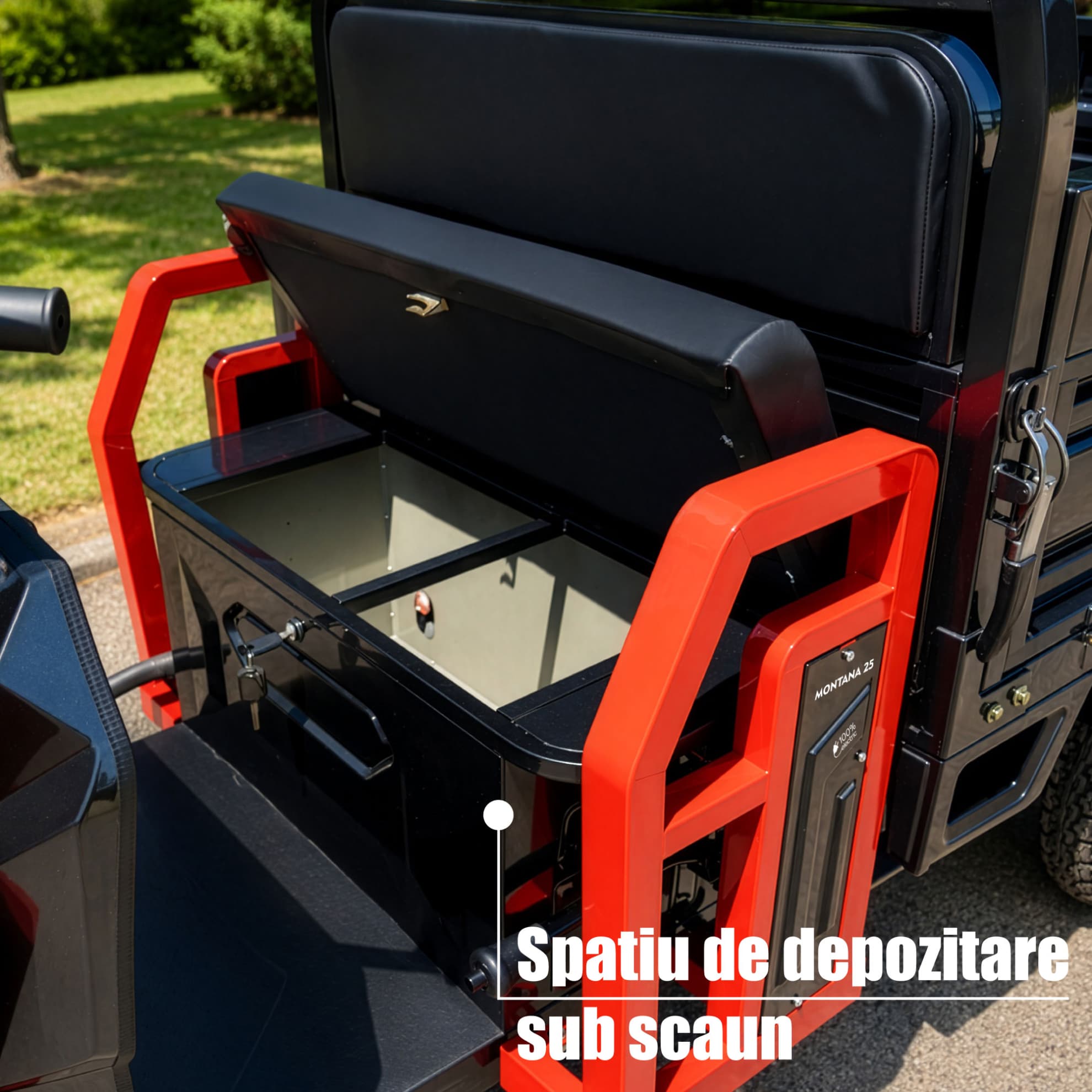 Compartiment depozitare sub scaun triciclu electric cargo Samus Montana 25 Red Dark Silver
