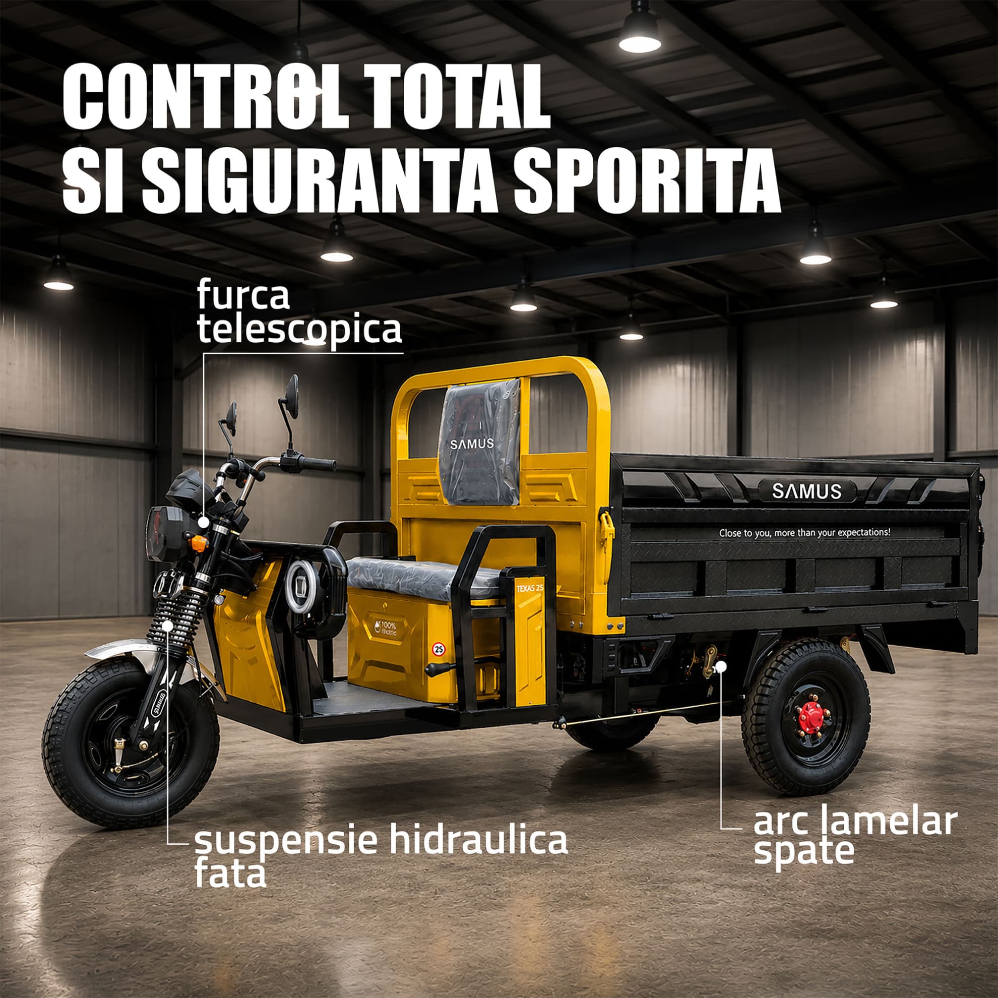 Control total și siguranță sporită triciclu electric Samus Texas Galben