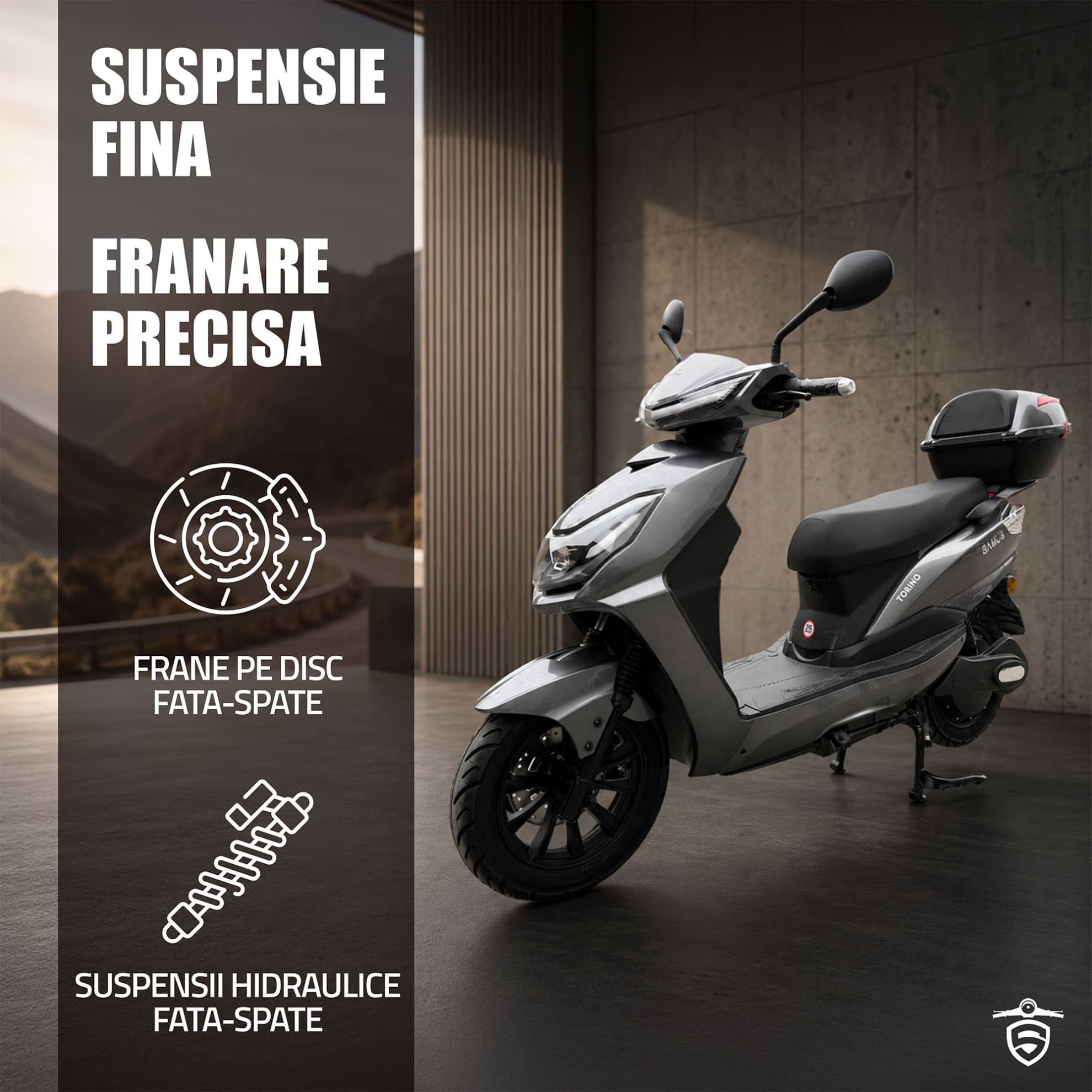 Detaliu sistem frânare și suspensii scuter electric Samus Torino 25 Dark