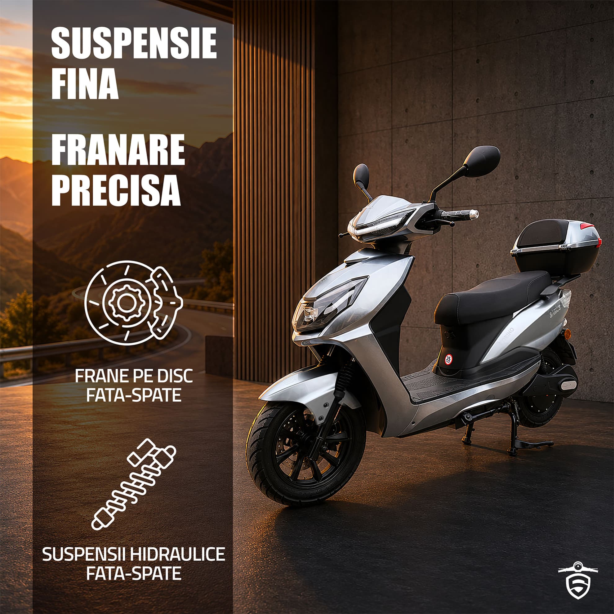 Detaliu sistem frânare și suspensii scuter electric Samus Torino 25 Gri