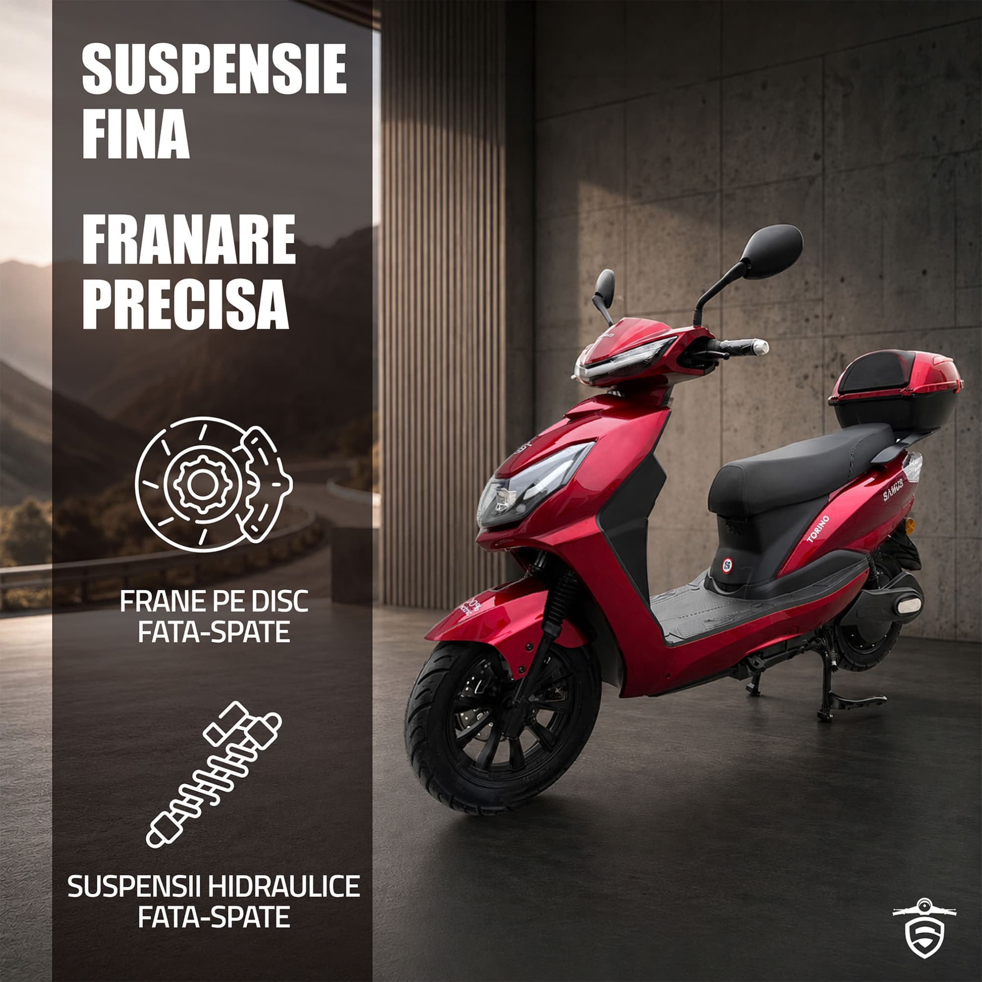 Detaliu sistem frânare și suspensii scuter electric Samus Torino 25 Roșu