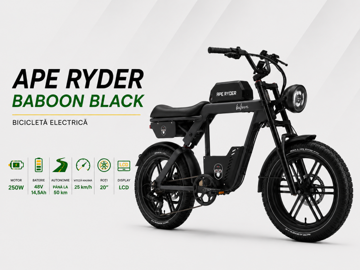APE RYDER BABOON BLACK – bicicletă electrică 250W, autonomie până la 50 km și viteză maximă 25 km/h.