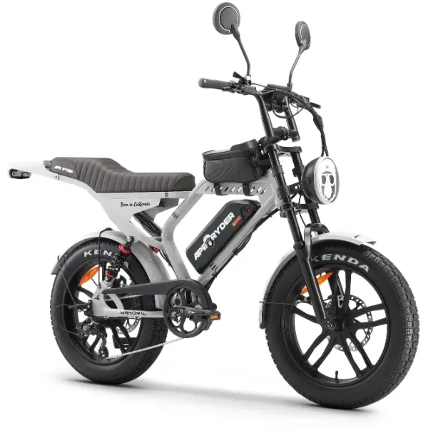 Bicicletă electrică APE RYDER MANDRIL ULTRA, motor 250W, baterie 48V/15Ah, autonomie până la 60 km, schimbător Shimano TX70 cu 7 viteze, roți de 20 inch și display LCD.