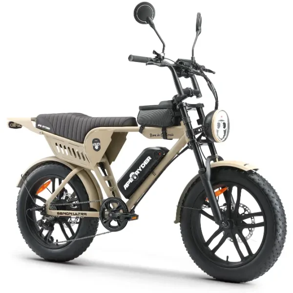 Bicicletă electrică APE RYDER GENON ULTRA, motor 250W, baterie 48V/15Ah, autonomie până la 60 km, schimbător Shimano TX70 cu 7 viteze, roți de 20 inch și display LCD.