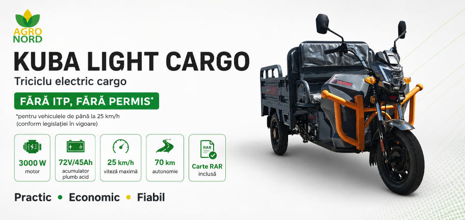 Triciclu electric KUBA LIGHT CARGO AGRONORD, motor 3000W, acumulator 72V/45Ah, autonomie 70 km, viteză maximă 25 km/h și Carte RAR inclusă.