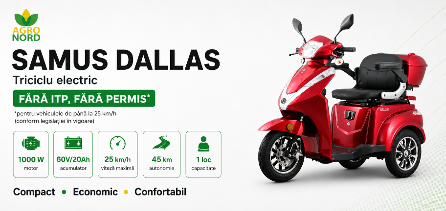 SAMUS DALLAS 3R1 – triciclu electric compact, economic și confortabil pentru deplasări locale.