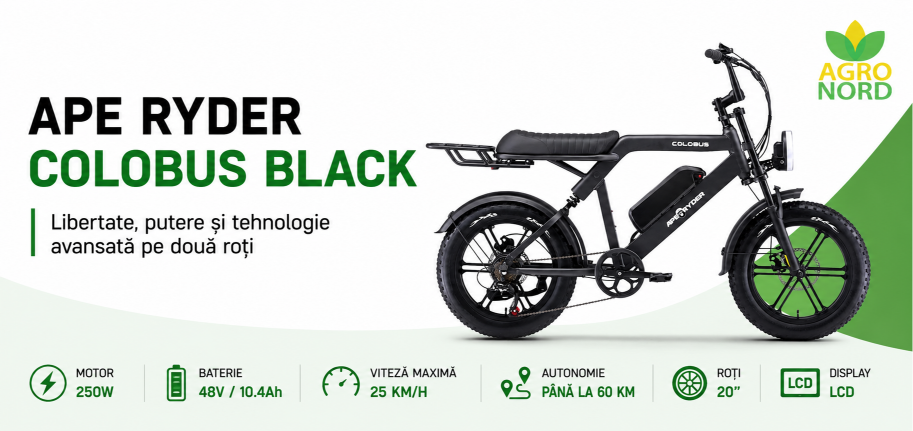 Bicicletă electrică APE RYDER COLOBUS BLACK, motor 250W, baterie 48V/10.4Ah, autonomie până la 60 km, viteză 25 km/h, roți de 20 inch și display LCD.
