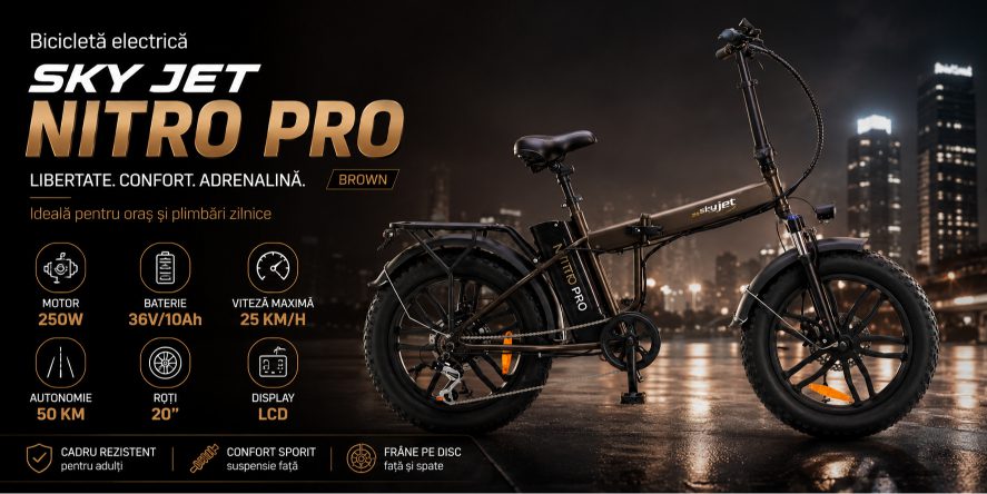 Bicicletă electrică SKY JET NITRO PRO BROWN, motor 250W, baterie 36V/10Ah, autonomie 50 km.