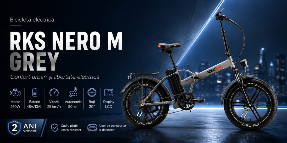 Banner bicicletă electrică RKS NERO M GREY, 250W, baterie 48V/13Ah, autonomie 50 km.