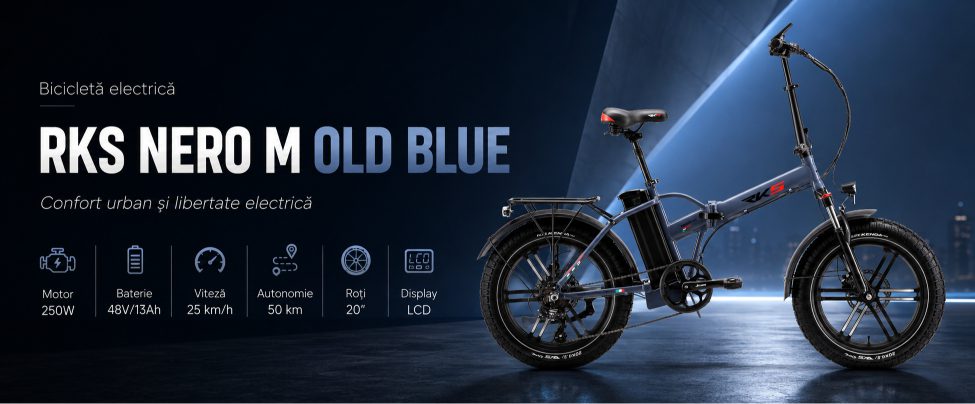 Bicicletă electrică RKS NERO M OLD BLUE, motor 250W, baterie 48V/13Ah, autonomie 50 km, roți 20 inch.