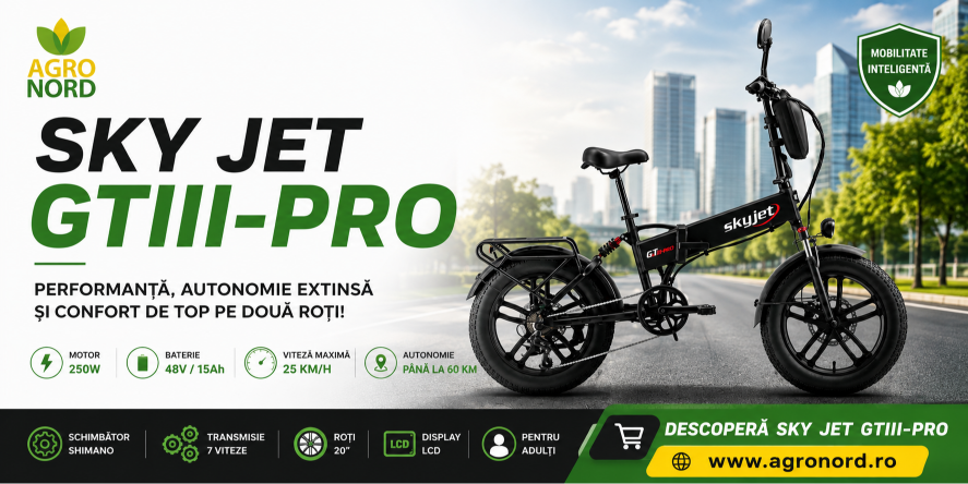 Banner AgroNord cu bicicleta electrică SKY JET GTIII-PRO, motor 250W, baterie 48V/15Ah, autonomie până la 60 km, schimbător Shimano cu 7 viteze, roți de 20 inch și display LCD.