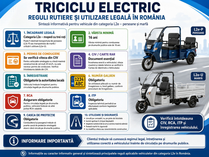 Triciclu electric L2e-CU și L2e-CP - Reguli de circulație, înregistrare, RCA și utilizare legală în România