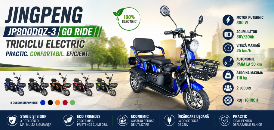 Triciclu electric tricicleta JINGPENG JP800DQZ-3 GO RIDE BLUE