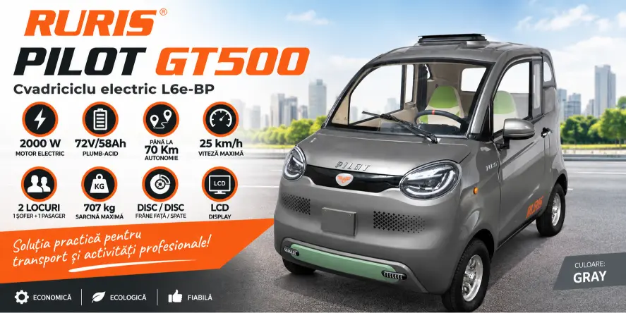 Masina electrica (cvadriciclu electric L6e-BP) RURIS PILOT GT500 GRAY, motor 2000 W, acumulator plumb acid 72V/58Ah, viteză 25Km/h, 70 Km autonomie, 2 locuri, gri