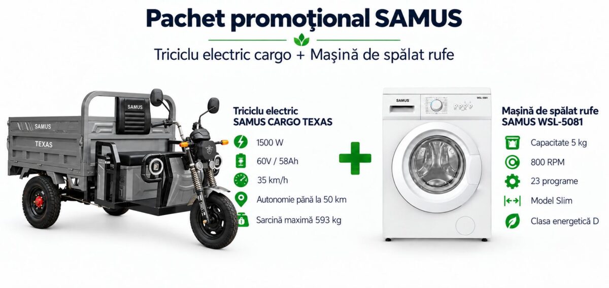Pachet promoțional – Triciclu electric cargo Samus Texas 35 km/h + Mașină de spălat rufe Samus WSL-5081