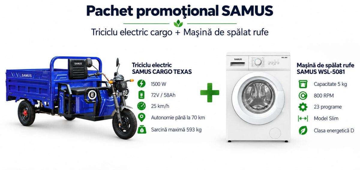 Pachet promoțional – Triciclu electric cargo Samus Texas 25 km/h + Mașină de spălat rufe Samus WSL-5081