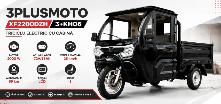Triciclu electric, tricicleta cu cabină 3PLUSMOTO XF2200DZH, 3+KH06 BLACK