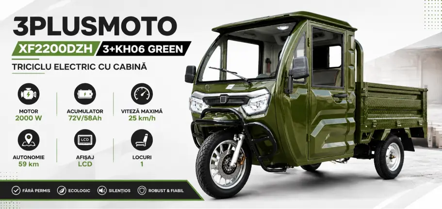 Triciclu electric, tricicleta cu cabină 3PLUSMOTO XF2200DZH, 3+KH06 GREEN, motor 2000 W, acumulator 72V/58Ah, viteza maxima 25 km/h, autonomie 59 km, afisaj LCD, 1 loc, verde