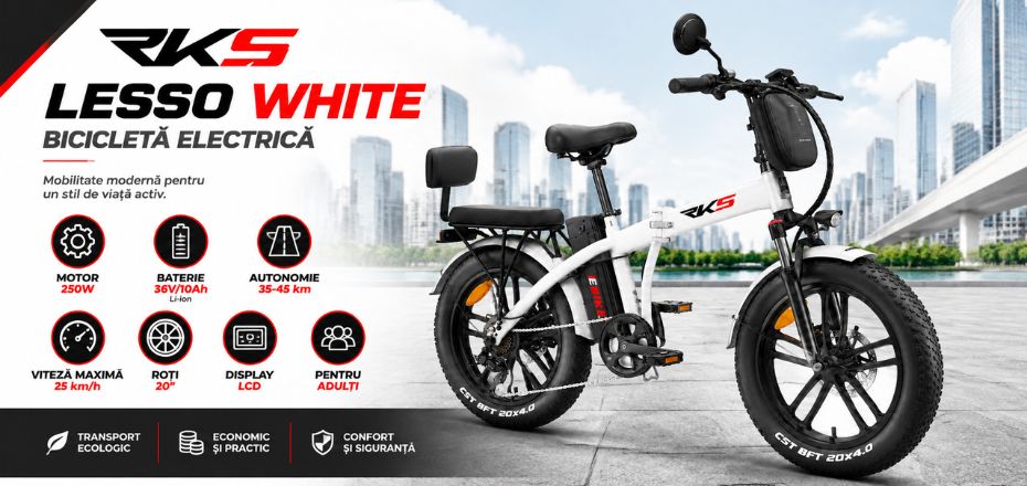 Bicicleta electrica RKS LESSO, motor 250W, baterie 36V/10Ah Li-ion, autonomie 35-45 km, viteza 25 km/h, adulti, roti 20", display LCD (LESSO-WHITE)