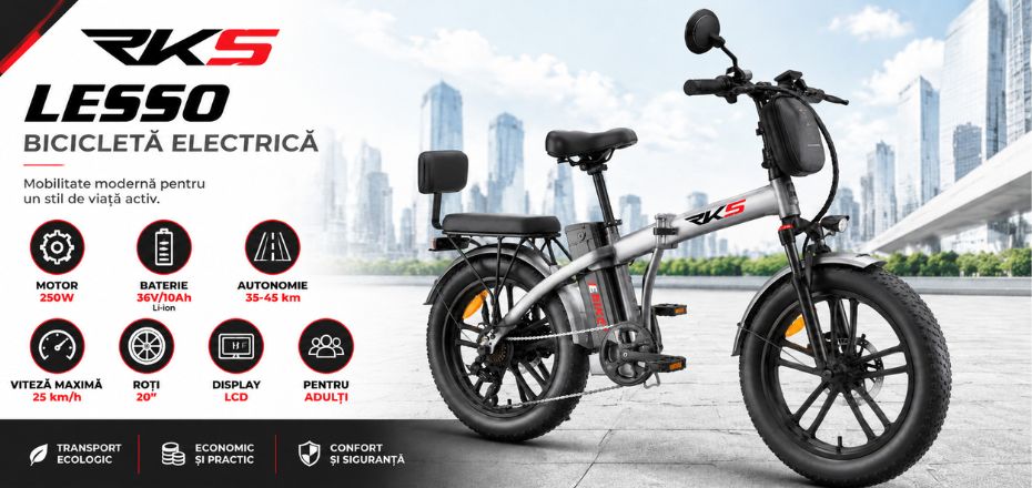 Bicicleta electrica RKS LESSO GRAY, motor 250W, baterie 36V/10Ah Li-ion, autonomie 35-45 km, viteza 25 km/h, adulti, roti 20", display LCD, gri