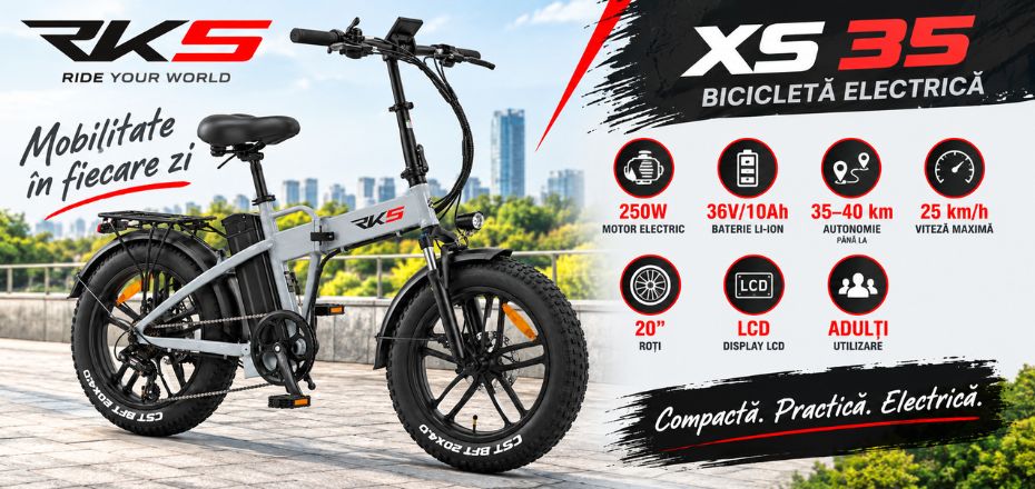 Bicicleta electrica RKS XS35, motor 250W, baterie 36V/10Ah Li-ion, autonomie până la 35-40 Km, viteza 25 km/h, adulti, roti 20", display LCD, gri