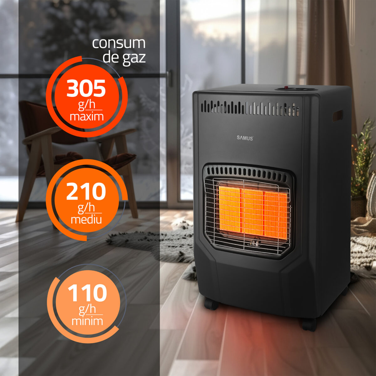 Soba pe gaz SAMUS RS423, putere reglabila 1.5 / 2.8 / 4.2 kW