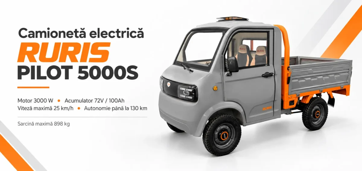 Camioneta, cvadriciclu electric, RURIS PILOT5000S GRAY, motor 3000 W, acumulator plumb-acid 72V/100Ah, viteza maxima 25 km/h, autonomie până la 130 Km, sarcina maxima 898 kg, 2 locuri, gri