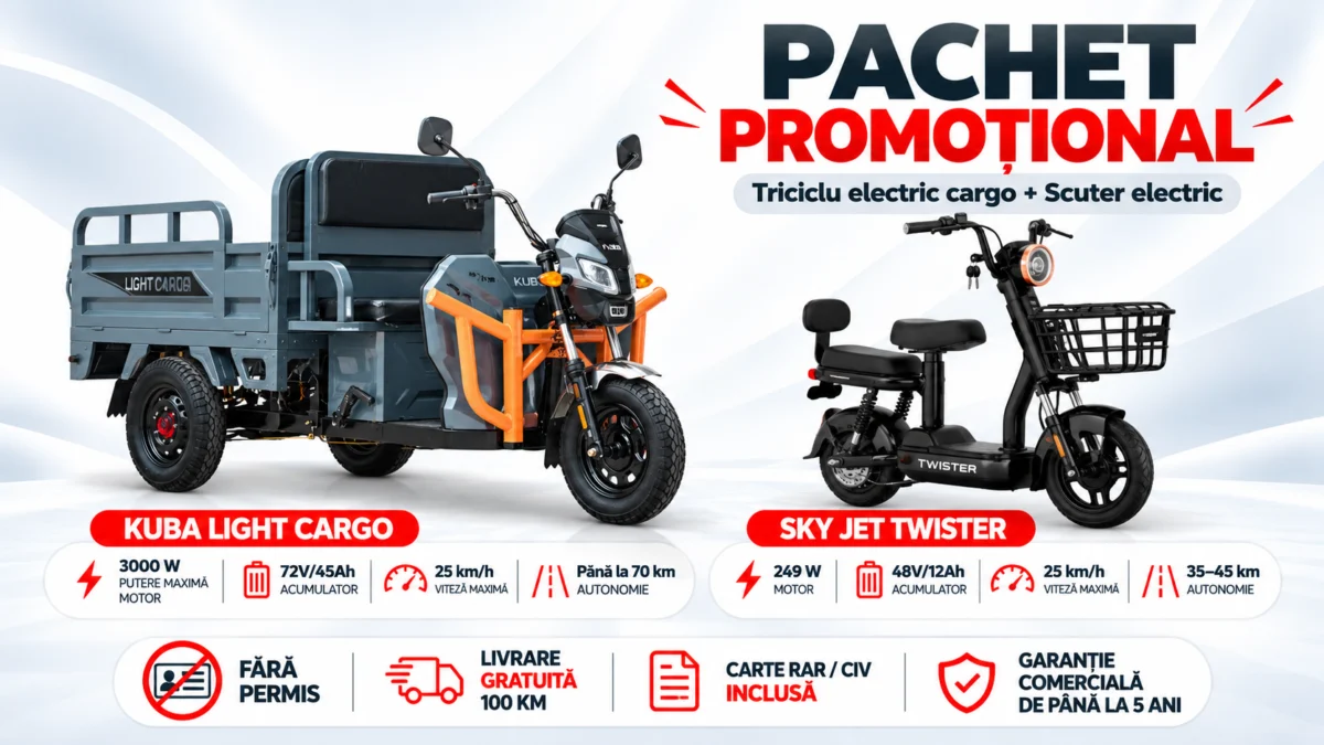 Pachet promoțional – Triciclu electric KUBA LIGHT CARGO + Scuter electric SKY JET TWISTER