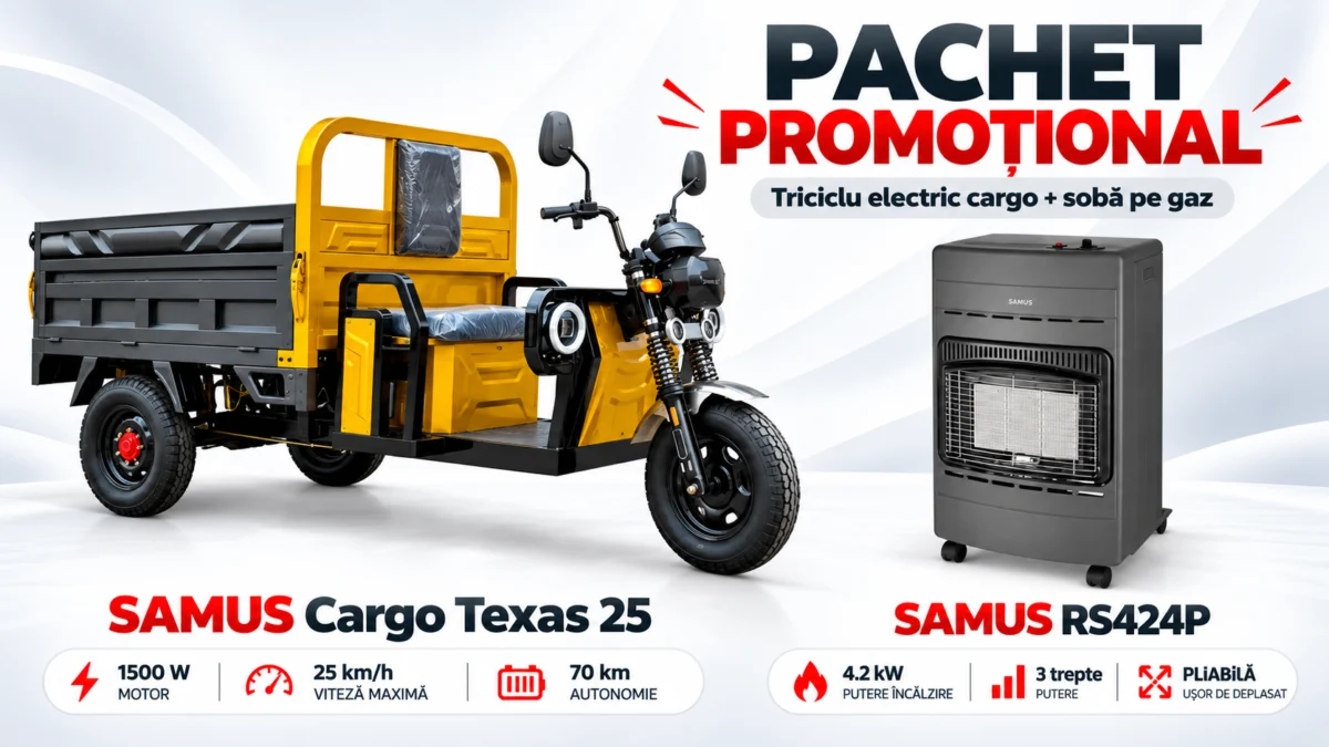 Pachet promoțional – Triciclu electric cargo SAMUS TEXAS 25 + Sobă pe gaz SAMUS RS424P
